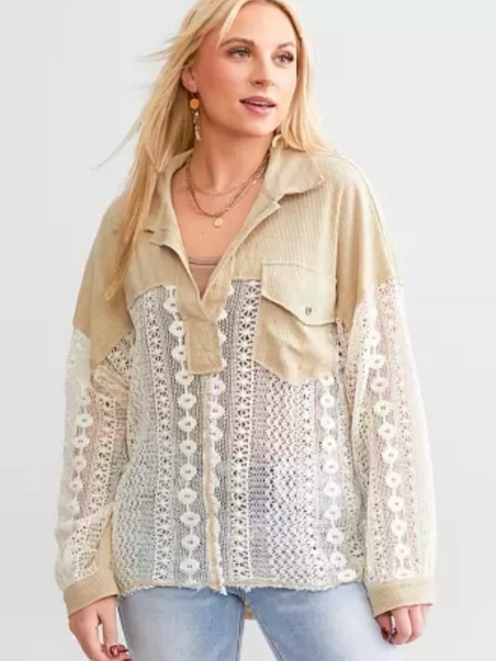 POL Lace-Front Crochet Tunic in Tan and White